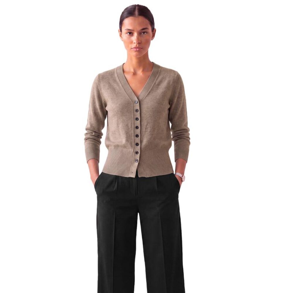 Women Knit Cardigan Long Sleeve Cinched Waist V Neck Office Tops Camel